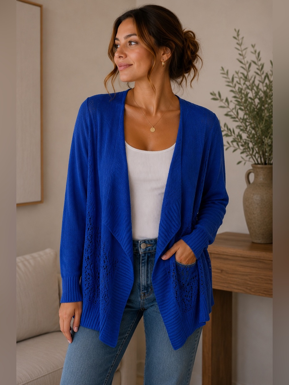 Lucy & Laurel Royal Blue Open Front Cardigan Size L Lightweight Classic Casual